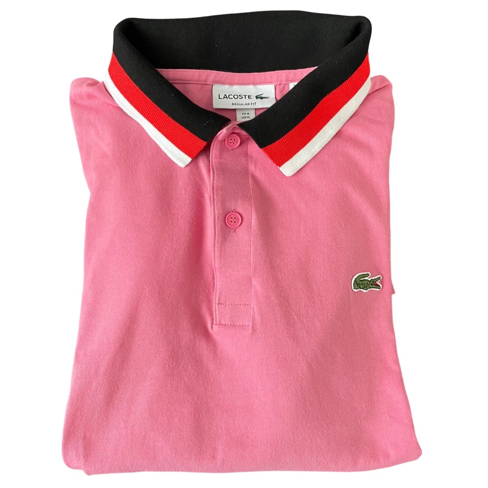 Lacoste Regular Fit Polo Shirt Pink Striped Collar US‎ XL FR 6 Preppy Tennis Y2K